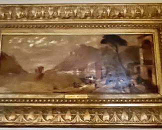 220. Oil on Canvas Alpine Italian Coastal Scene w/ Figures and Boats by Granville Perkins (9" x 22.5")