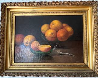 173. Antique Painting of Oranges w/ Glass Compote Initialed MDS