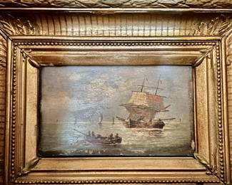 16. Vintage Painting of Ship w/ Ornate Frame (8" x 5")