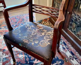 77. Set of 7 Dining Chairs w/ Needlepoint Seat 2 Arm 5 Side