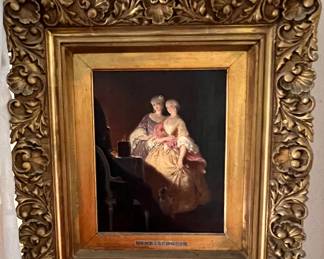 207. Signed Oil on Panel by Frederic Henri Schopin, Scene of Two 18thC Ladies Admiring Jewelry (10.6" x 8.5")
