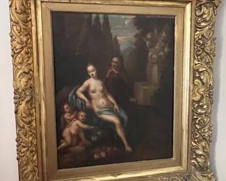 203. Oil on Canvas of Venus Seated in Landscape Upon Blue Sach w/ Putti (Dutch School 18th C) (17" x 13.5")