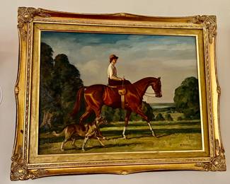 24. Signed Painting by R. Canzano of Equestrian Woman w/ Dogs ( 23" x 18")