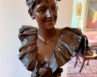 1. Signed & Stamped Art Nouveau Bronze Bust of Woman by Van Der Straeten Societe Des Bronzes De Paris #337 (10" x 6" x 16")