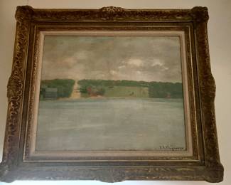 93b. Signed Oil on Canvas Of River Scene in Summer by F.R. Wagner 1890 (14.5" x 18")