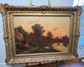 146. Signed Oil on Canvas of Woman Washing Clothes in Stream by H. Saulieu (20" x 29")