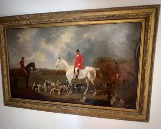 174. Oil on Canvas of English Hunt Scene w/ Horseback Riders and Hounds 
