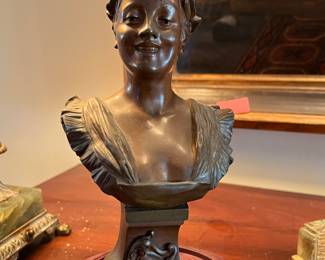 32. Bronze Bust of Woman by Van Der Straeten "A Votre Service" (6" x 5" x 11")