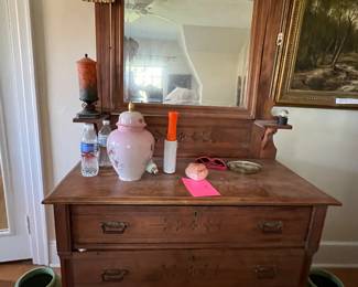 199. Chest w/ 3 Drawers (40" x 19" x 30") and Matching Beveled Mirror (40" x 40")