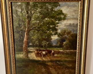 93a. Oil on Board Landscape w/ Cattle by WW Thompson (11" x 14")