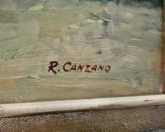 24. Signed Painting by R. Canzano of Equestrian Woman w/ Dogs ( 23" x 18")