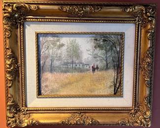 128. Painting of Horseback Riders w/ Building in Background on Board (8" x 6")