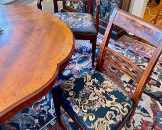 78. Scallop Inlaid Dining Table w/ 2-18" leaves (78" x 45" x 30")   77. Set of 7 Dining Chairs w/ Needlepoint Seat 2 Arm 5 Side