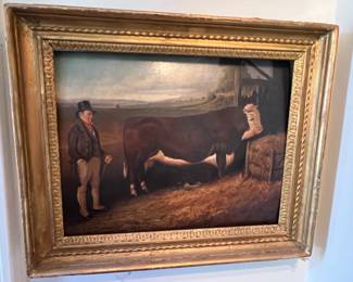 80. Oil Painting on Board of Man & Cow (18" x 13")