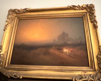 206. Signed Oil on Panel of Holland Landscape w/ Cattle at Sunset by George W Nicholson (15" x 21")