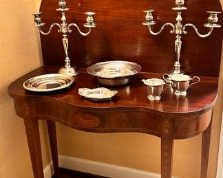 Heppelwhite Serpentine Game Table with Sterling dishes, cream & sugar & silver plate Candelabras