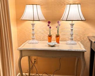 Pair of Italian ceramic lamps & French Hand painted table