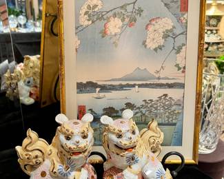 Japanese wood block print with foo dogs.