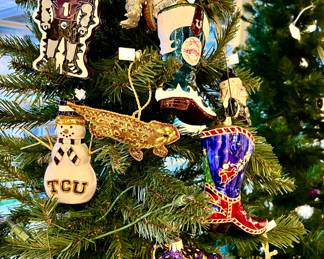 TCU Christmas tree full of fun ornaments including Christopher Radko Cowtown boots.