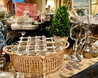 More bamboo casserole holders.  Heisey glass fish, greenery, and silver.  Notice the beautiful runner.
