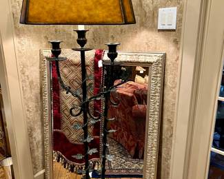 Fantastic wrought iron floor lamp with leather shade.  Beautiful textile on mirror.