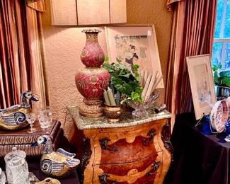 French burled walnut commode with marble top.