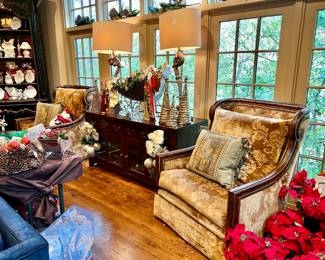 Pair of Marge Carson Designer gold velvet swivel chairs.  