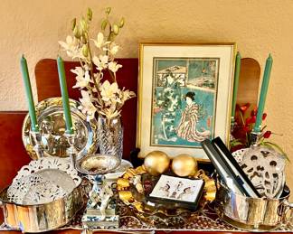 Annieglass Ruffle Cake Plate, silver, antique Japanese woodblock print.