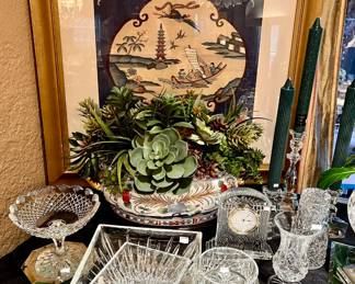 Notice the planter, framed silk with bats at the corners.