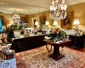 The Dining Room is full of Waterford Crystal, Blue & White Chinoiserie, Japanese Imari and Antique Wood Block Prints, and silver.