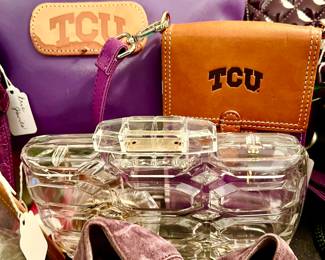 TCU bags and acrylic purse.