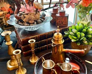 Brass and florals.  Leather book box from Domain.