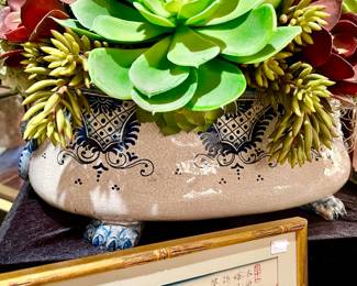 Italian Blue and White hand painted Faience Jardiniere  full of succulents.