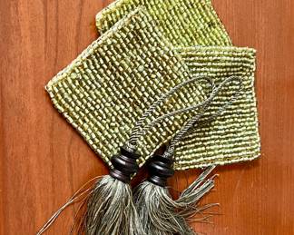 3 of 6 Beaded green coasters and 2 of 4 tassels 