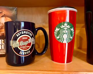 "Old Guys Rule" mug and Starbucks travel mug 