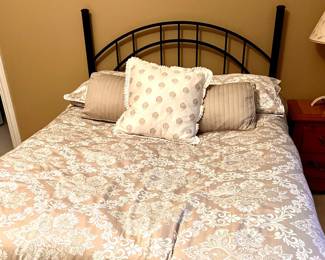 Full size bed linens, Serta mattress and Metal head board w/mattress rails 