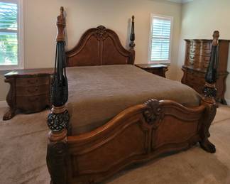 Michael Amini 5 pc Bedroom Suite-includes King bed, 2 marble top nightstands, 7 drawer chest with 2 drawers cedar lined)Armoire with 2 cedar lined drawers