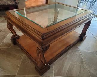 Large, Solid wood and glass coffee table, 38"x50"