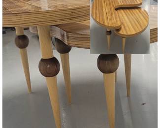 Studio made Yin and Yang zebra wood with pin and ball multi color wood legs. $2200.00 for set