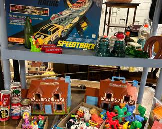 Matchbox Slip Station Speed track, fisher-Price Plays Sets, collectible beer cans including the American Native treaty can and a Rugrats watch (in box)