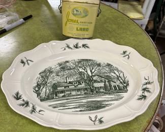 JONES Dairy Farm Lard pail with lid and JONES Dairy Farmhouse Homested large platter. After coming west to the Wisconsin Territory in the 1830's, Milo JONES built this house where JONES Dairy Farm Sausage was originally made.