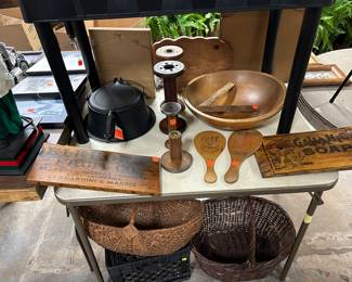 back left is a cast iron waffle maker, front right is a side wood panel from GALVANIC SOAP CO. out of Milwaukee via the early 1900s~15" wood mixing bowl, one DR Pepper & one 'Bal Back' batty ball paddles.