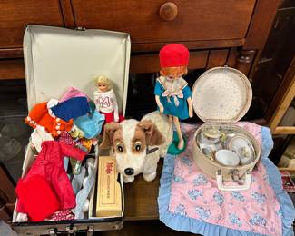 Barbie clothes, Barbie's best friend Midge (Margaret Hadley Sherwood), B/O Pat the Dog, left of 'Pat' is a 1960's Pose Mod Doll, a doll blankie and doll dishes i a case. 