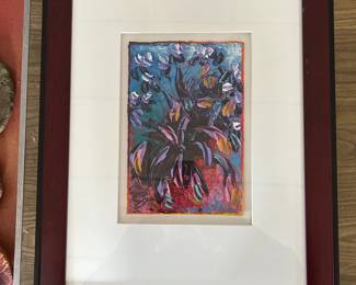 oil on paper - Iris Against Blue by David I Schaefer, matted and framed. Info is written on back.
