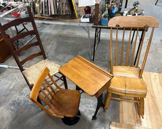 high ladder back cane chair, 'skol' chair w/chair and one ladies rocker.