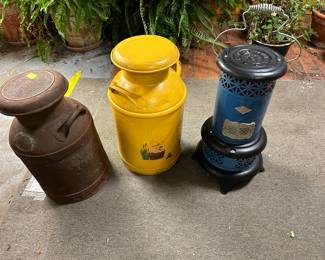 A couple of milk cans and one excellent condition blue Nesco oil heater