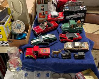 Middle - Castro Limited 1967 Ford Mustang, PBR glasses, Mickey Mouse, Uncle Sam Bank, is to smaller, jalopies - lower right are pencil sharpeners, Chevrolet clock & more vehicles!!!