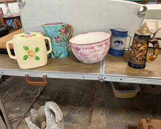 Large double handle Moyiyama decorative ceramic jar, looks similar to a Majolica style pitcher, ~10" wide pink Bear Claw bowl, 2003 Red Wing Watertown Riverfest pitcher and a Medevil German beer stein.