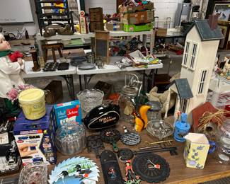 Upper left - Jones Lard pail (local from Fort Atkinson!!!), COP CAMs,  HARLEY DAVIDSON PIGGY BANK, large skeleton keys, glassware, trivets, painted saw blades & more!!