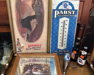 Pabst Blue Ribbon  wildlife collection artist Terry Doughty bar mirror, PBR thermometer, PBR tapper, PBR bottle and one nude beer bottle unopened and (dressed)